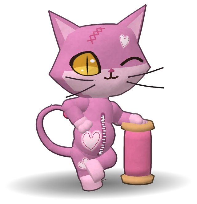 Pinky, the studio’s patched pink cat, winking